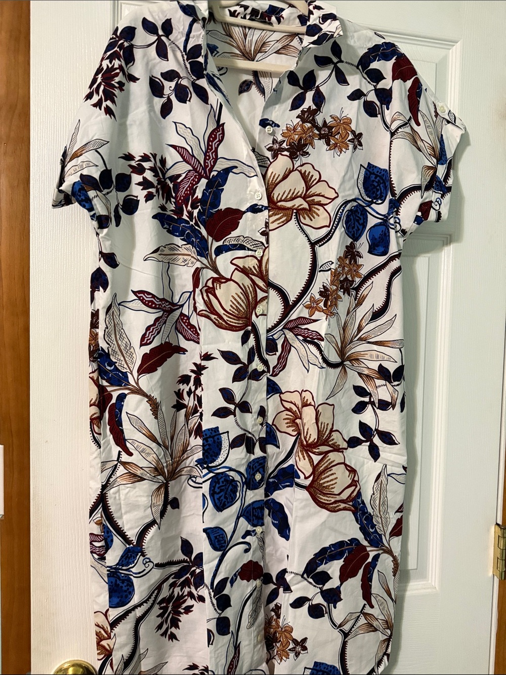 Talbots Petite Floral dress in White with Brown and Navy Accents